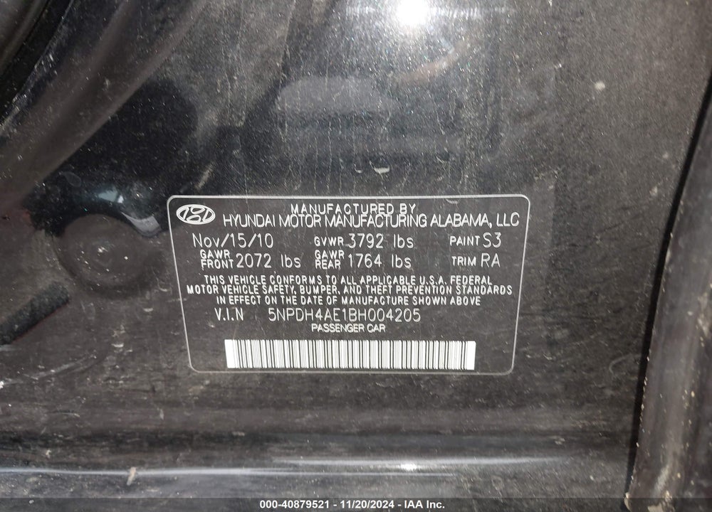 2011 HYUNDAI ELANTRA GLS VIN: 5NPDH4AE1BH004205