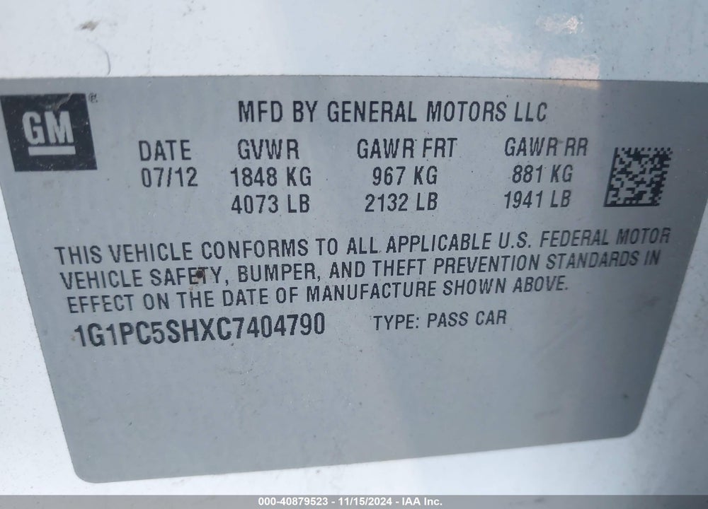 2012 CHEVROLET CRUZE LS VIN: 1G1PC5SHXC7404790