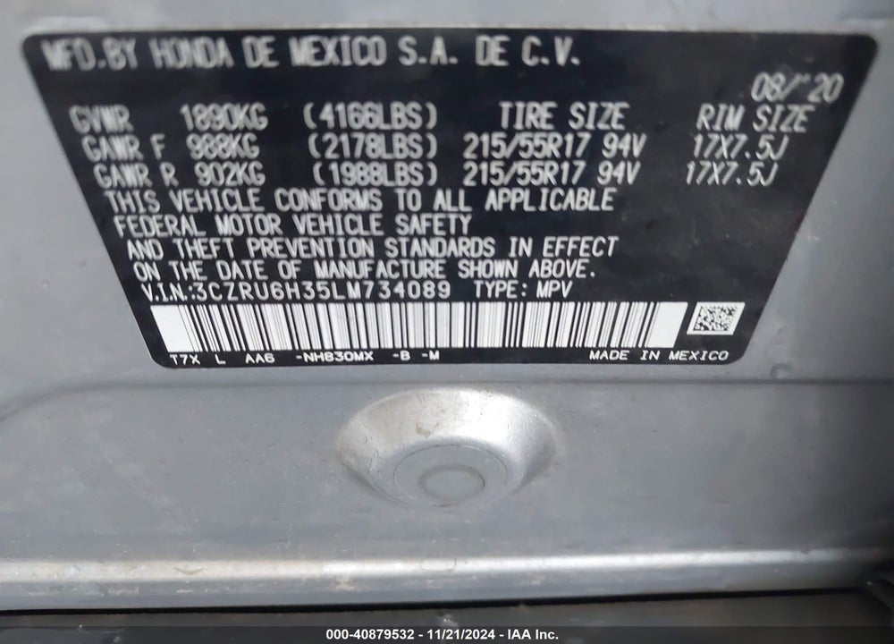 2020 HONDA HR-V AWD LX VIN: 3CZRU6H35LM734089
