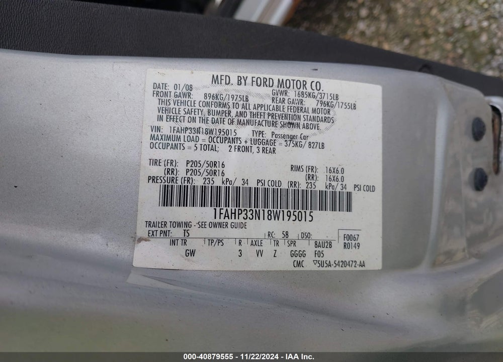 2008 FORD FOCUS VIN: 1FAHP33N18W195015