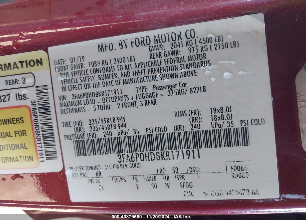 2019 FORD FUSION SE VIN: 3FA6P0HD8KR171911