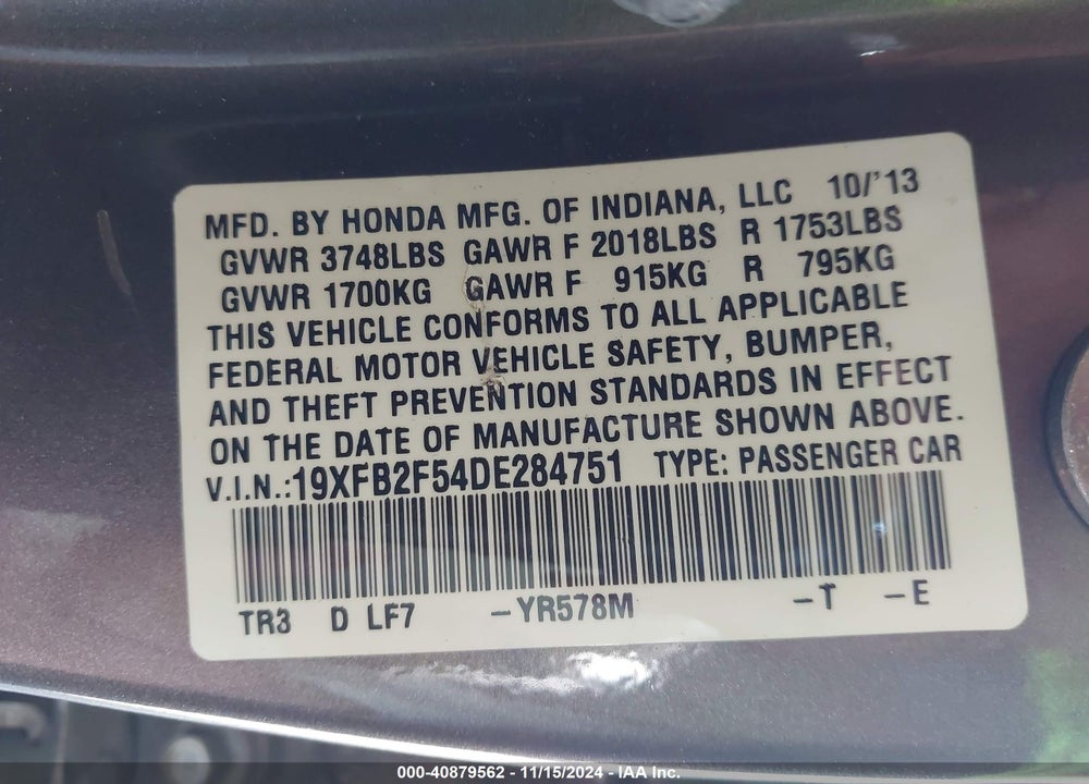 2013 HONDA CIVIC LX VIN: 19XFB2F54DE284751
