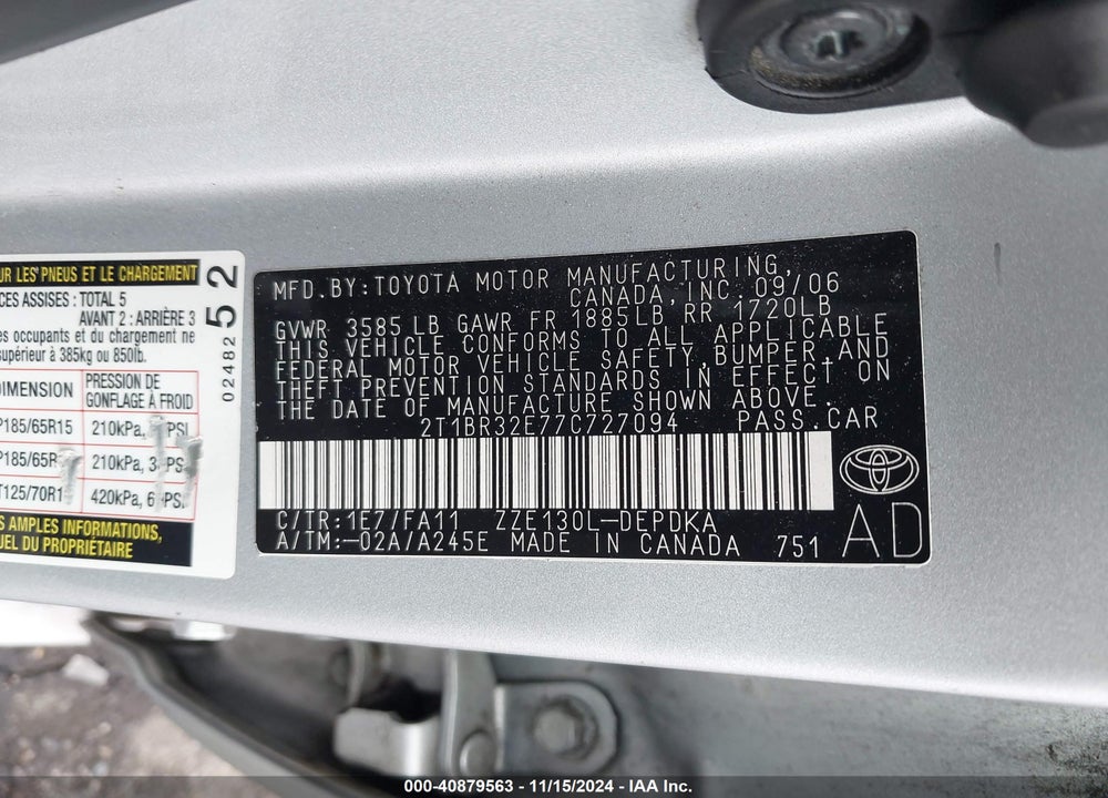 2007 TOYOTA COROLLA CE VIN: 2T1BR32E77C727094
