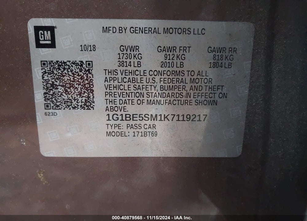2019 CHEVROLET CRUZE LT VIN: 1G1BE5SM1K7119217