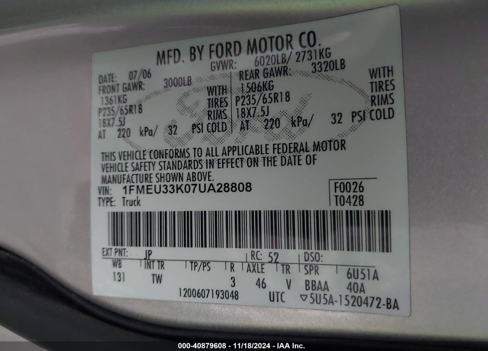 2007 FORD EXPLORER SPORT TRAC LIMITED VIN: 1FMEU33K07UA28808