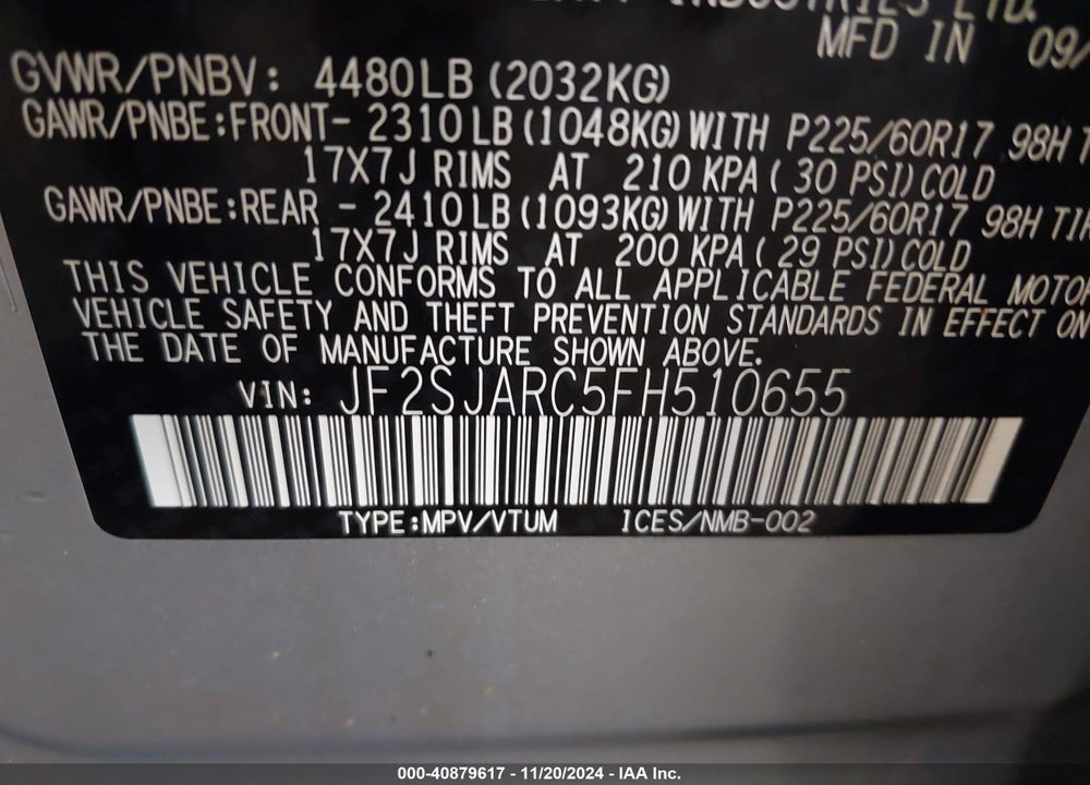 2015 SUBARU FORESTER 2.5I LIMITED VIN: JF2SJARC5FH510655