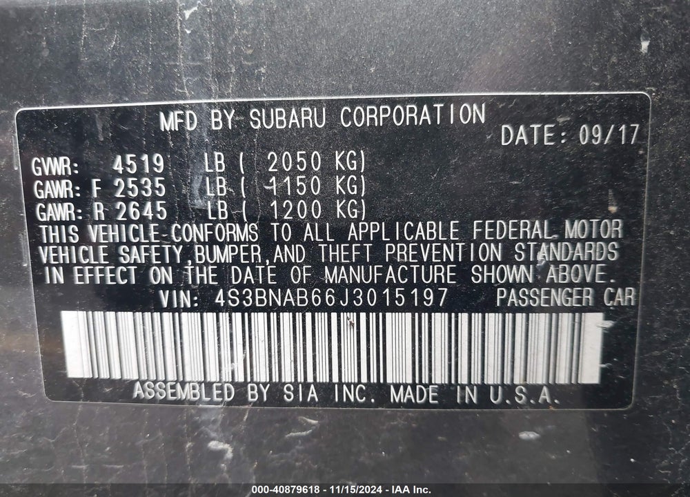 2018 SUBARU LEGACY 2.5I VIN: 4S3BNAB66J3015197