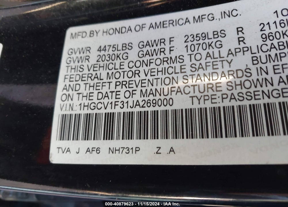 2018 HONDA ACCORD SPORT VIN: 1HGCV1F31JA269000