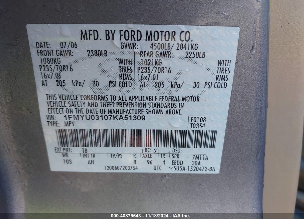 2007 FORD ESCAPE XLT/XLT SPORT VIN: 1FMYU03107KA51309