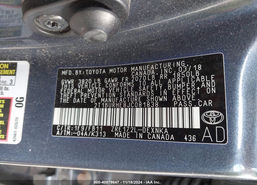 2018 TOYOTA COROLLA VIN: 2T1BURHE8JC081838