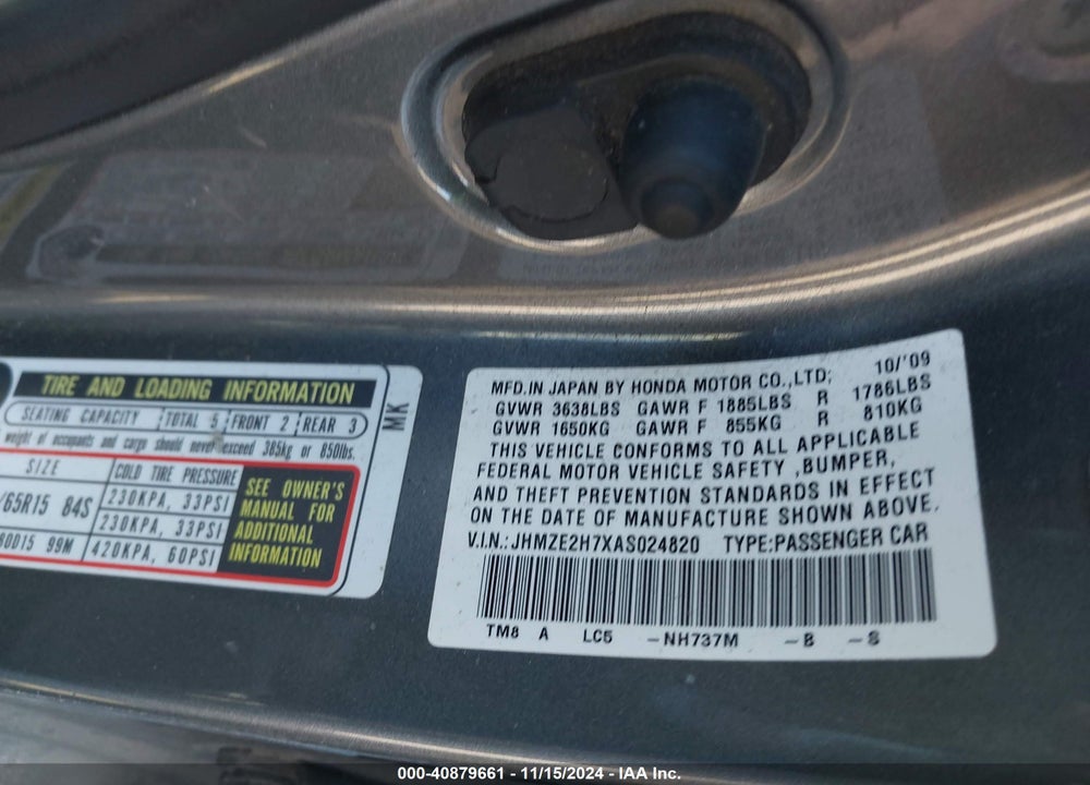 2010 HONDA INSIGHT VIN: JHMZE2H7XAS024820