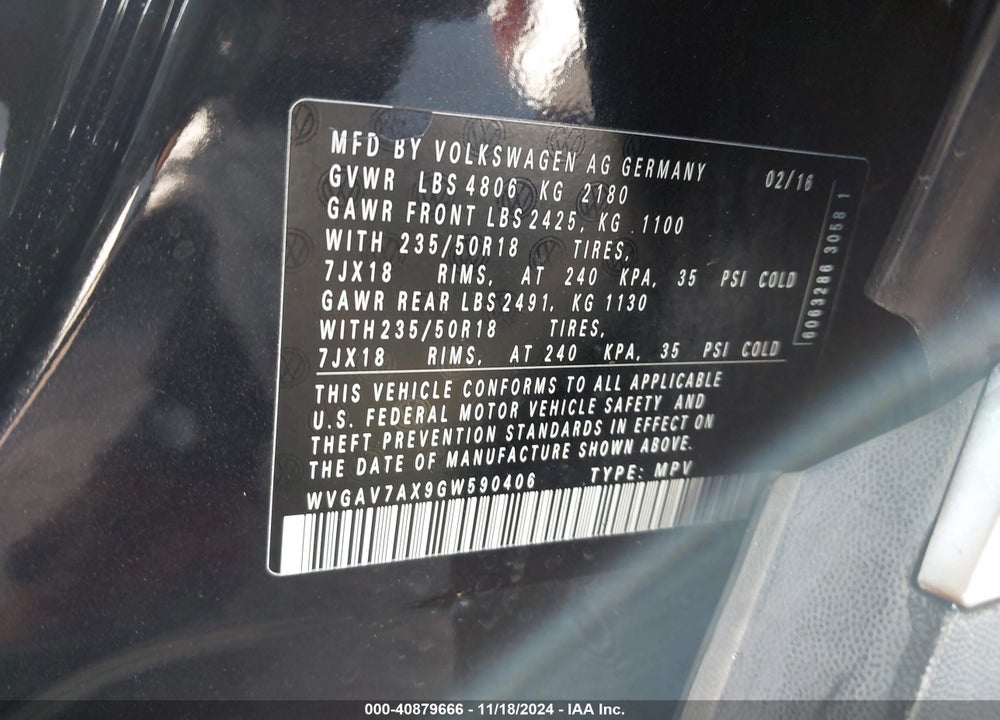 2016 VOLKSWAGEN TIGUAN SE VIN: WVGAV7AX9GW590406