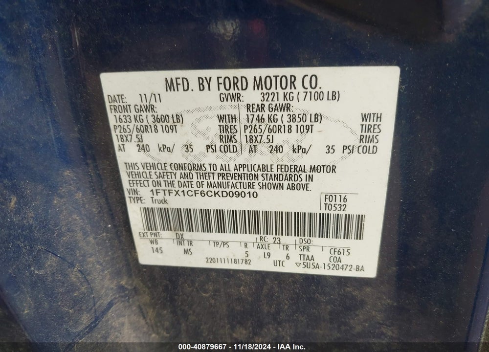 2012 FORD F-150 XLT VIN: 1FTFX1CF6CKD09010