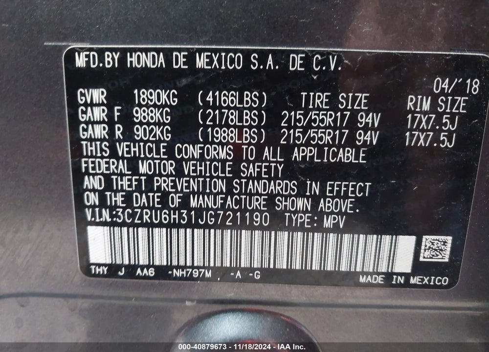 2018 HONDA HR-V LX VIN: 3CZRU6H31JG721190