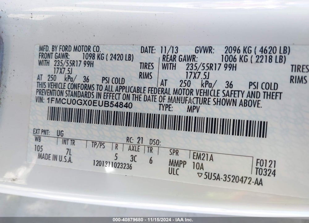2014 FORD ESCAPE SE VIN: 1FMCU0GX0EUB54840