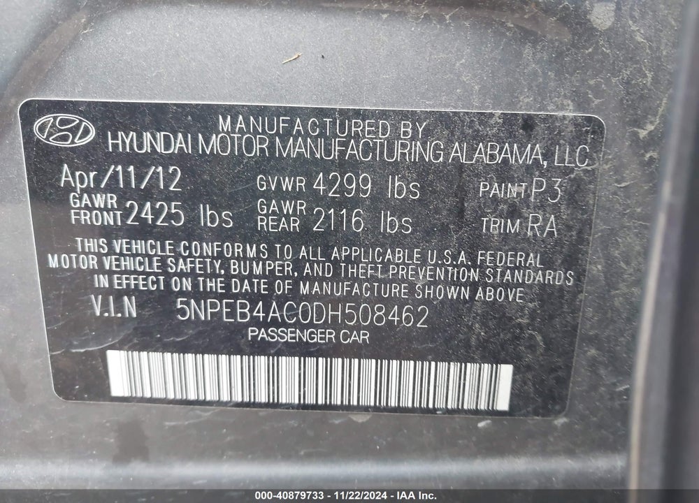 2013 HYUNDAI SONATA GLS VIN: 5NPEB4AC0DH508462