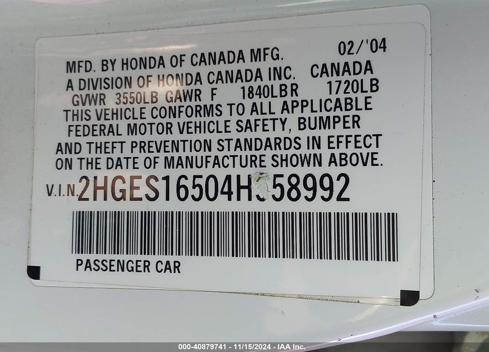 2004 HONDA CIVIC LX VIN: 2HGES16504H558992