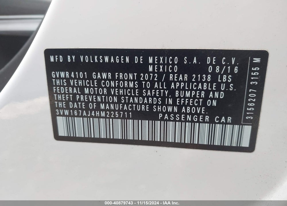 2017 VOLKSWAGEN JETTA 1.4T S VIN: 3VW167AJ4HM225711