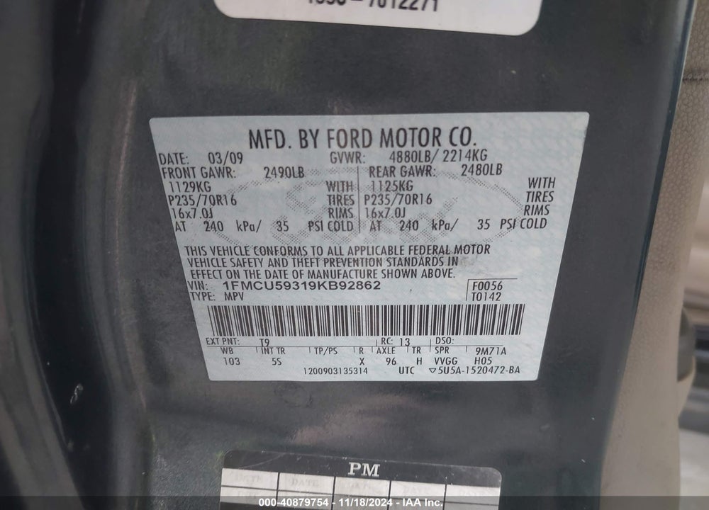 2009 FORD ESCAPE HYBRID LIMITED VIN: 1FMCU59319KB92862
