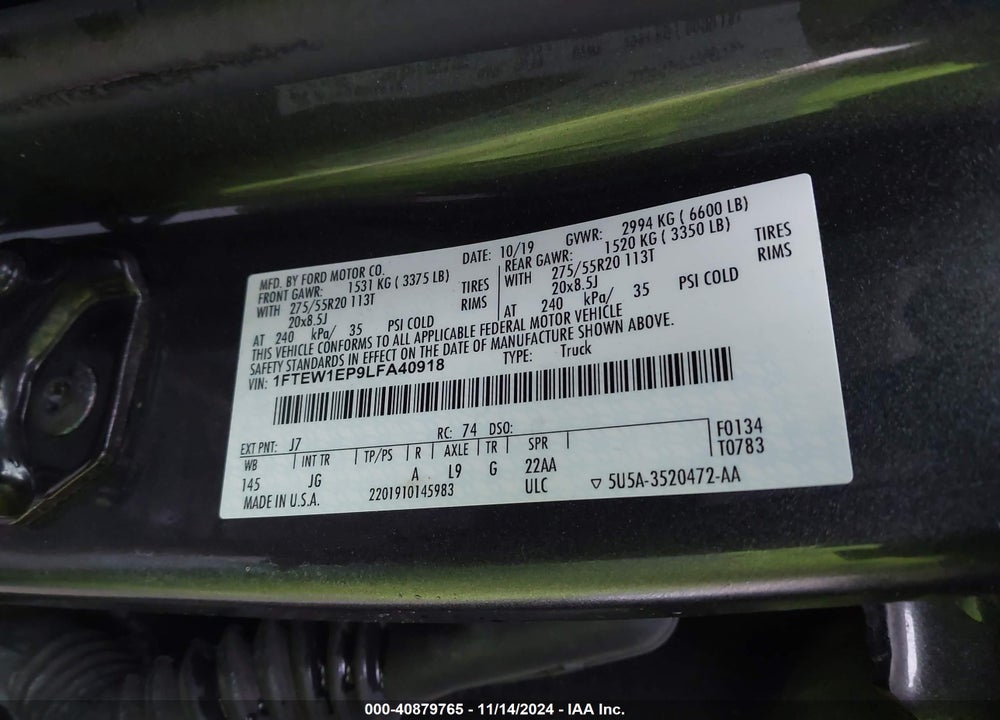2020 FORD F-150 XL VIN: 1FTEW1EP9LFA40918