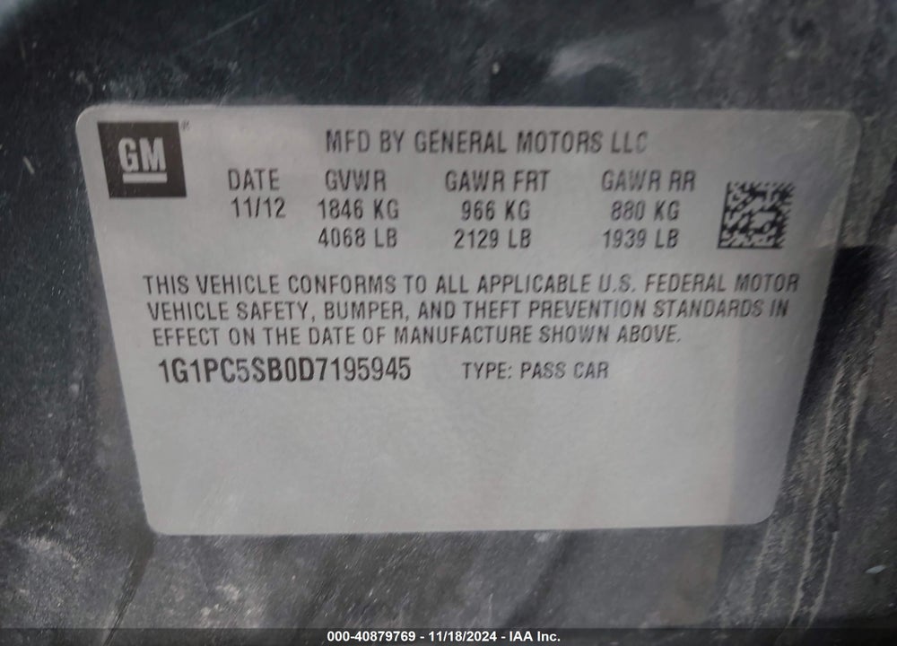 2013 CHEVROLET CRUZE VIN: 1G1PC5SB0D7195945