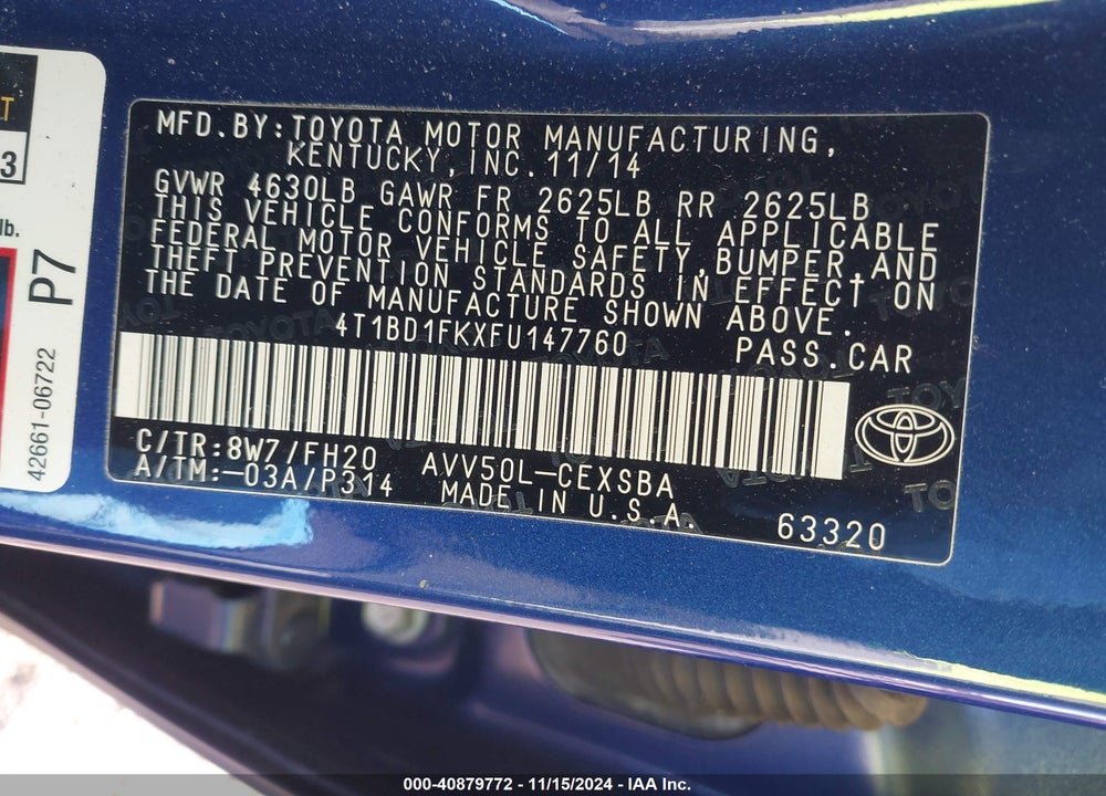 2015 TOYOTA CAMRY HYBRID SE VIN: 4T1BD1FKXFU147760