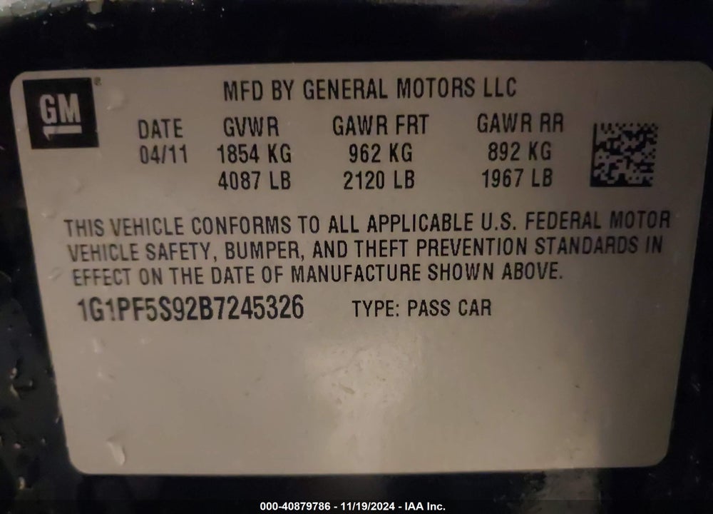 2011 CHEVROLET CRUZE 1LT VIN: 1G1PF5S92B7245326