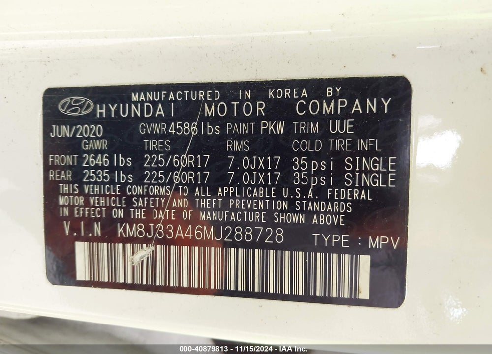 2021 HYUNDAI TUCSON VALUE VIN: KM8J33A46MU288728