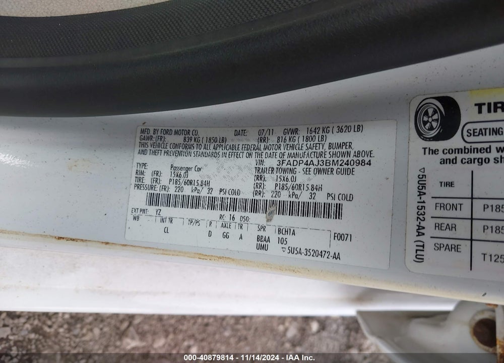 2011 FORD FIESTA S VIN: 3FADP4AJ3BM240984