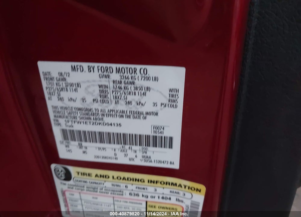 2013 FORD F-150 XLT VIN: 1FTFW1ET2DKD04135