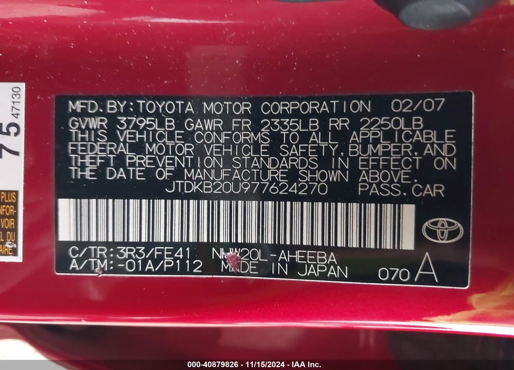 2007 TOYOTA PRIUS VIN: JTDKB20U977624270