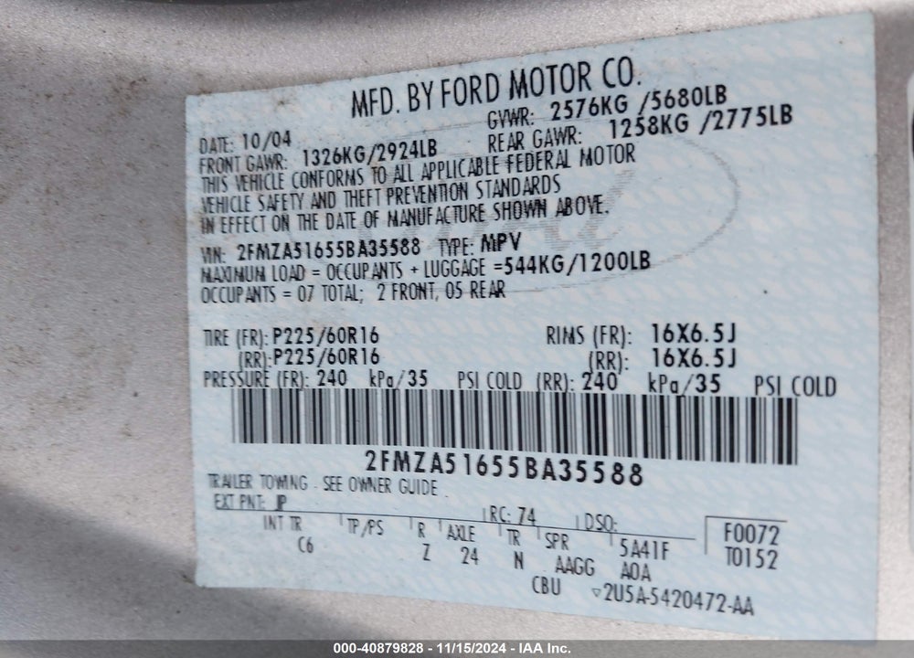 2005 FORD FREESTAR SE VIN: 2FMZA51655BA35588