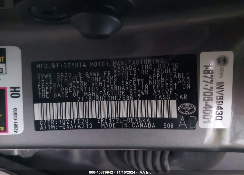 2017 TOYOTA COROLLA SE VIN: 2T1BURHE0HC758617