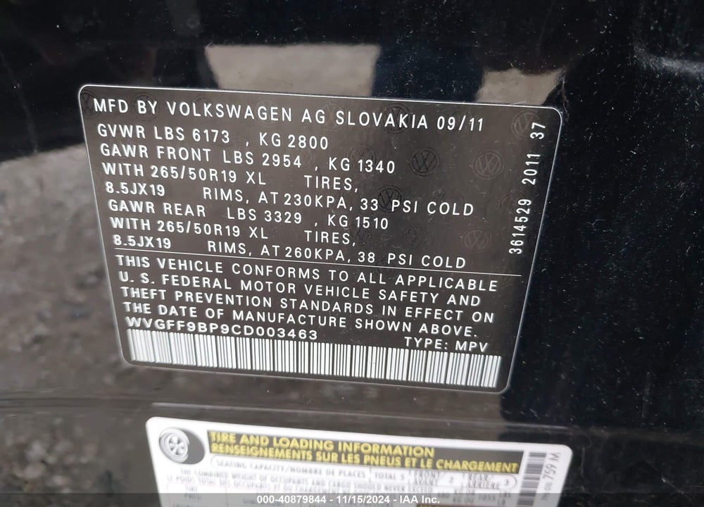 2012 VOLKSWAGEN TOUAREG VR6 LUX VIN: WVGFF9BP9CD003463