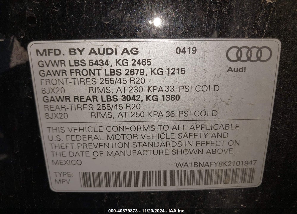2019 AUDI Q5 45 PREMIUM VIN: WA1BNAFY8K2101947
