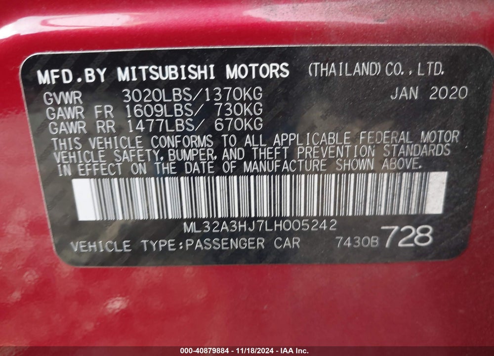 2020 MITSUBISHI MIRAGE ES VIN: ML32A3HJ7LH005242