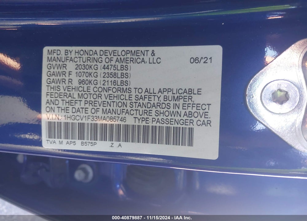 2021 HONDA ACCORD SPORT VIN: 1HGCV1F33MA085746