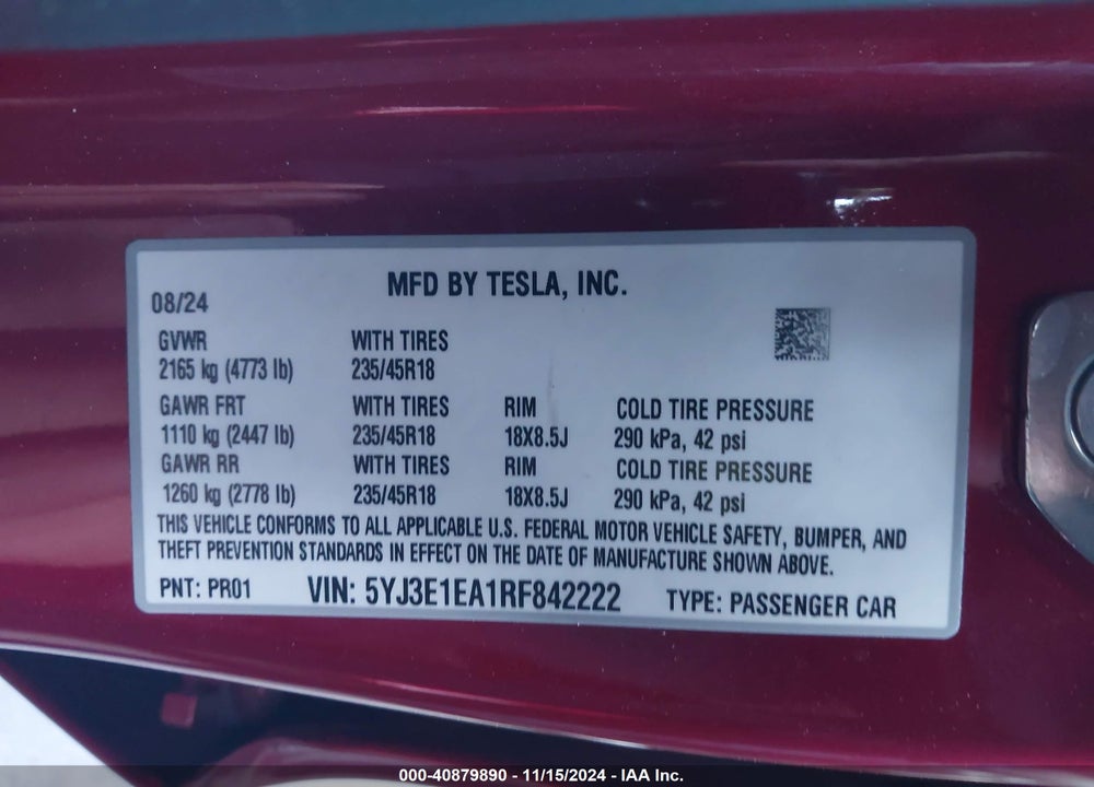 2024 TESLA MODEL 3 REAR-WHEEL DRIVE VIN: 5YJ3E1EA1RF842222