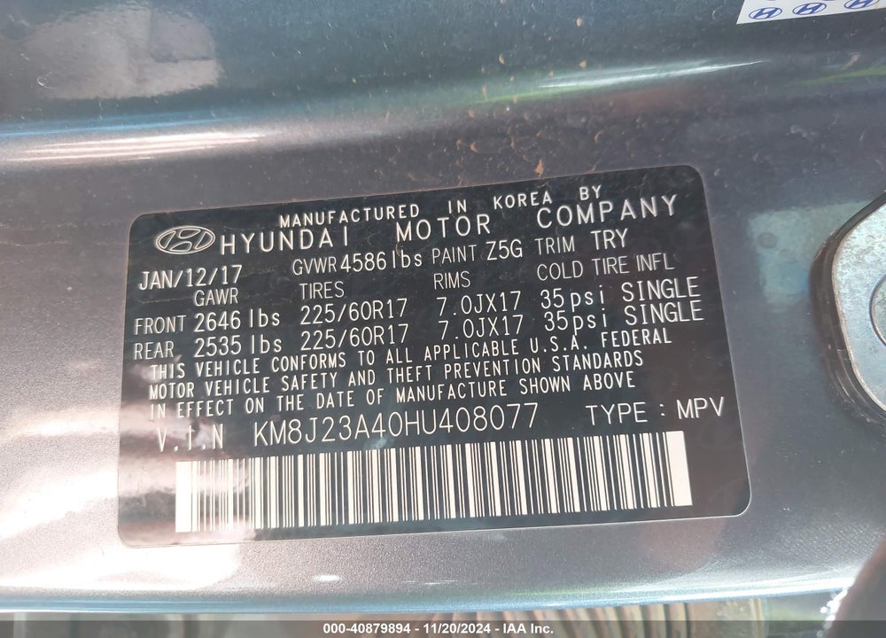 2017 HYUNDAI TUCSON SE VIN: KM8J23A40HU408077