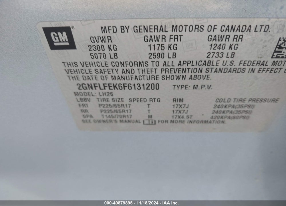 2015 CHEVROLET EQUINOX 1LT VIN: 2GNFLFEK6F6131200