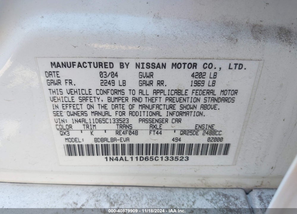 2005 NISSAN ALTIMA 2.5 S VIN: 1N4AL11D65C133523