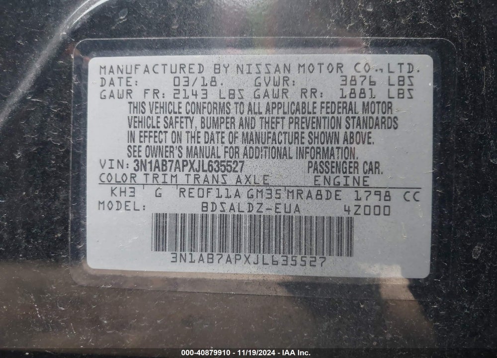 2018 NISSAN SENTRA SV VIN: 3N1AB7APXJL635527