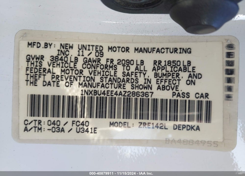 2010 TOYOTA COROLLA LE VIN: 1NXBU4EE4AZ286367