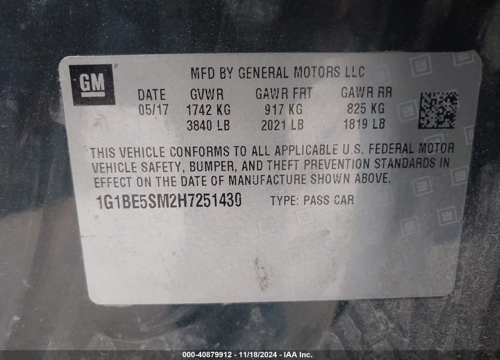 2017 CHEVROLET CRUZE LT AUTO VIN: 1G1BE5SM2H7251430