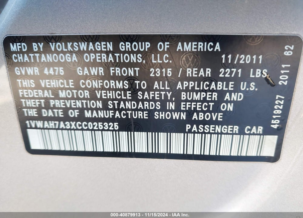 2012 VOLKSWAGEN PASSAT 2.5L S VIN: 1VWAH7A3XCC025325