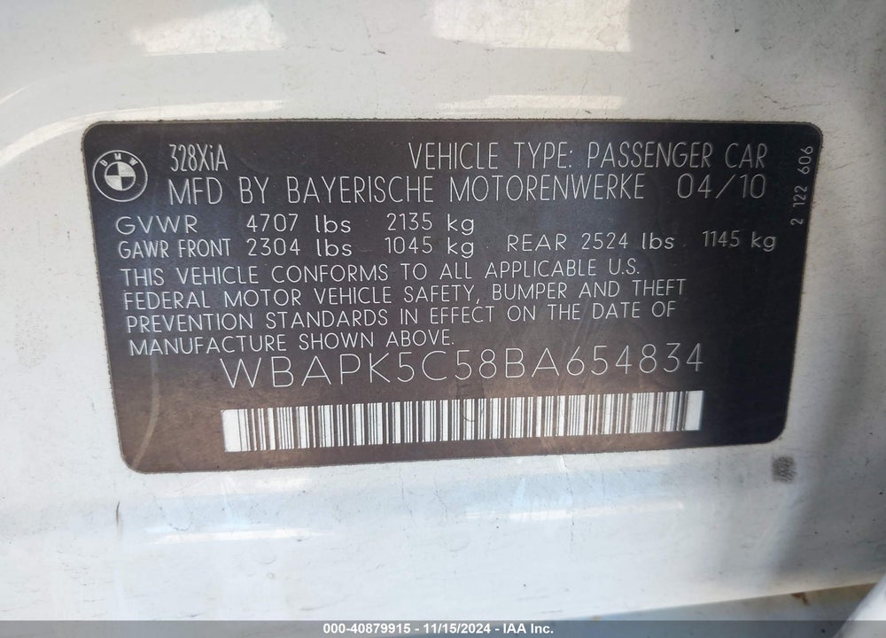 2011 BMW 328I XDRIVE VIN: WBAPK5C58BA654834