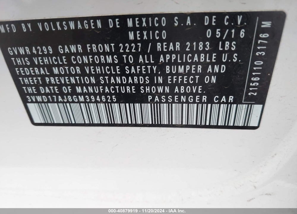 2016 VOLKSWAGEN JETTA 1.8T SPORT VIN: 3VWD17AJ8GM394625