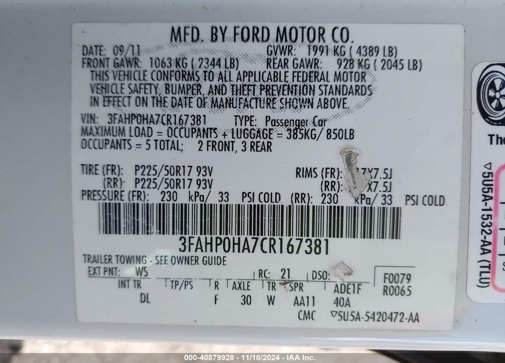 2012 FORD FUSION SE VIN: 3FAHP0HA7CR167381