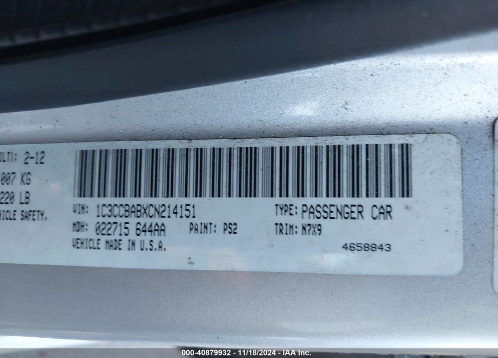 2012 CHRYSLER 200 VIN: 1C3CCBABXCN214151