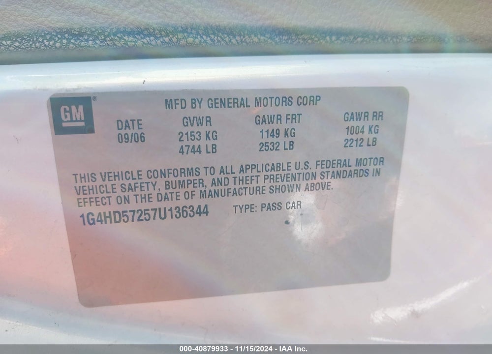 2007 BUICK LUCERNE CXL VIN: 1G4HD57257U136344